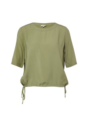 Olive green short-sleeve blouse with round neckline and adjustable drawstring hem on both sides.