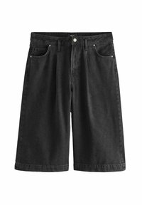 Sorte denimshorts med lige ben-design, der har fire lommer, knaplukning og syet detaljer ved kanten.