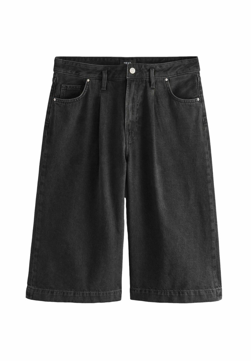Sorte denimshorts med lige ben-design, der har fire lommer, knaplukning og syet detaljer ved kanten.