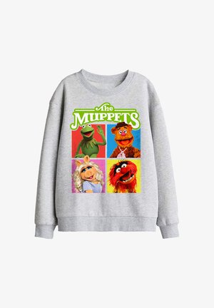 Hellgrauer Sweatshirt mit bunten Quadraten, die die Muppets-Charaktere Kermit, Fozzie, Miss Piggy und Animal unter dem "The Muppets"-Logo zeigen.