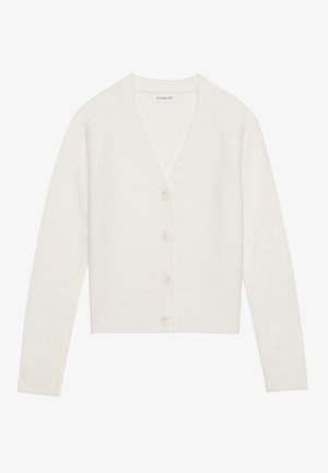 Balts kardigans, izgatavots no mīksta auduma, ar V veida kaklu, garām piedurknēm, ribota tipa aprocēm un sešām pogām priekšpusē.