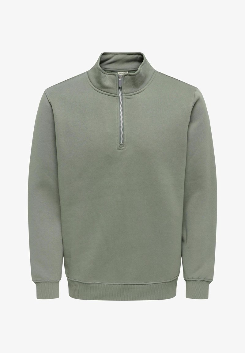 Felpa verde con zip e collo alto, realizzata in tessuto morbido. Presenta una zip corta frontale, polsini a coste e un design dal taglio ampio.