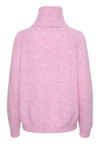 Rožinė megztinis su aukštu, suktuku apykakle. Minkšta, tekstūruota mezgimo medžiaga su laisvu siluetu ir raštuotu apvadu. Ypatumai - nuleisti pečiai, suteikiantys patogaus įvaizdžio.