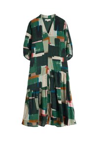 Vestido de largo midi con escote en forma de lágrima, mangas hasta el codo, falda de capas y patrón geométrico abstracto en verde, negro, beige, naranja, rosa y azul.