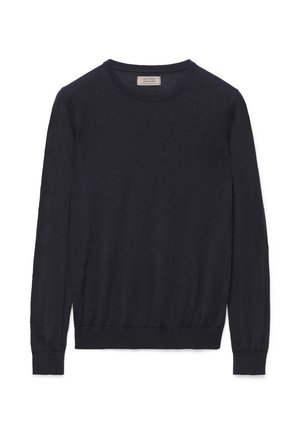 Maglione a maniche lunghe navy con colletto girocollo realizzato in morbido tessuto a maglia. Presenta polsini e orlo a costine, con un design semplice e pulito, senza motivi.