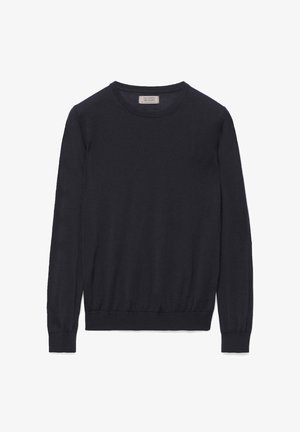 Marineblå langærmet crewneck sweater lavet af blødt strikket stof. Har ribbede manchetter og nederkant, med et enkelt, rent design uden mønstre.