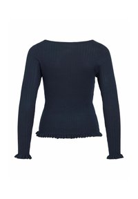 Haut côtelé bleu marine à manches longues avec encolure bateau, taille cintrée et bords à volants aux poignets et à l'ourlet.