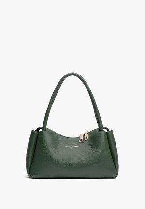 Green pebbled leather handbag with a curved shape, two top handles, and gold-tone zip hardware. Features subtle branding on the front.