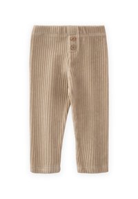 Pantaloni in corduroy beige con texture a righe verticali, dotati di una cintura elastica e due bottoni decorativi sulla parte frontale.