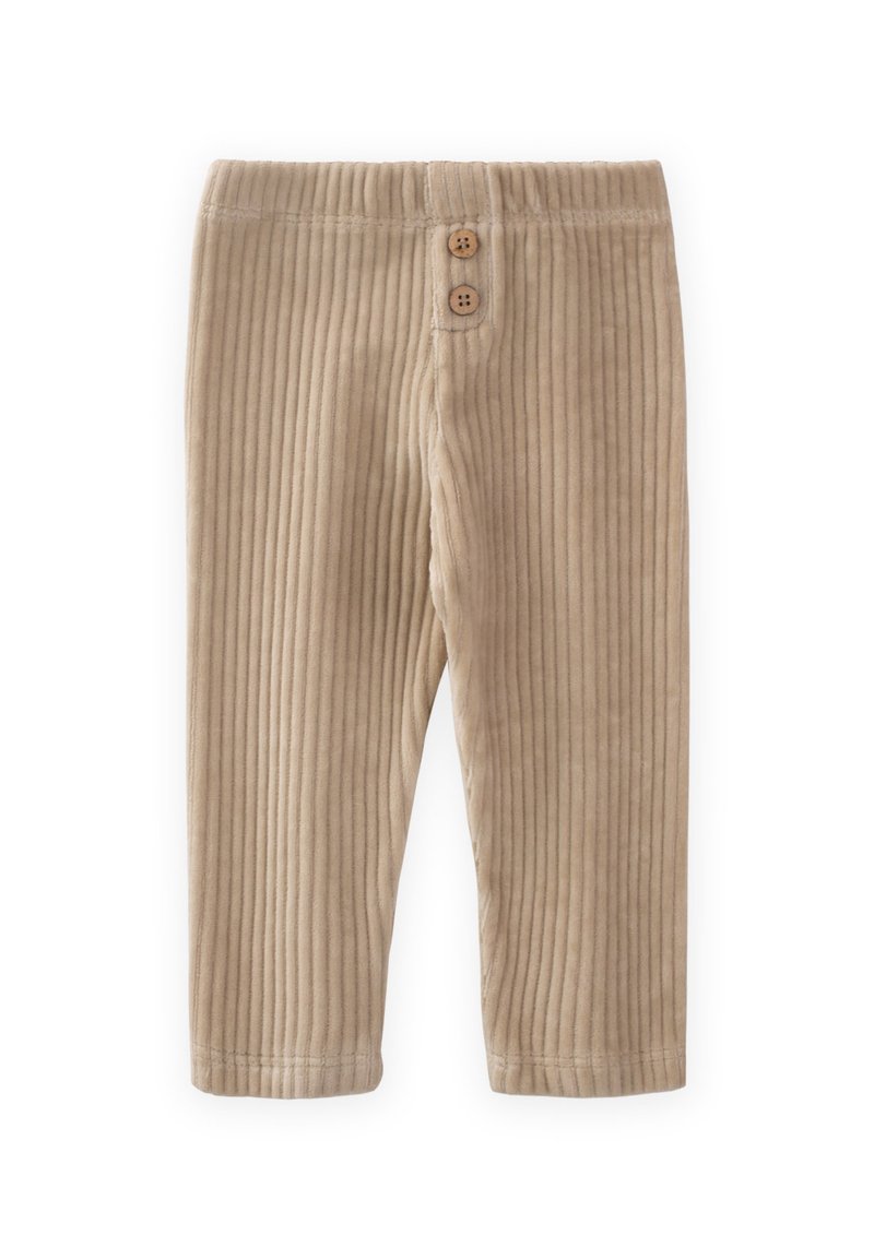 Pantaloni in corduroy beige con texture a righe verticali, dotati di una cintura elastica e due bottoni decorativi sulla parte frontale.