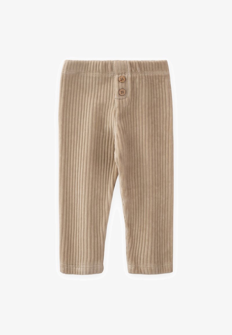 Pantaloni in corduroy beige con texture a righe verticali, dotati di una cintura elastica e due bottoni decorativi sulla parte frontale.