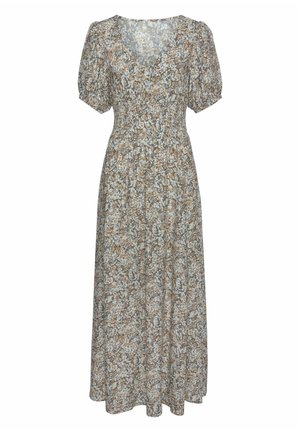 Bloemen midi-jurk met beige, wit en blauw patroon, pofmouwen, V-hals en een geplooide taille voor een aansluitende silhouet.