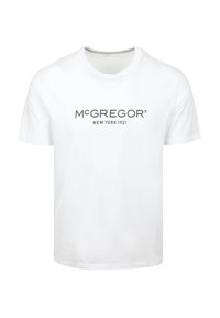 Witte katoenen t-shirt, ronde hals, met grijze opdruk: "McGREGOR NEW YORK 1921." Eenvoudig ontwerp met korte mouwen en een rechte zoom.