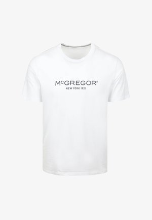 White cotton t-shirt, crew neck, featuring gray printed text: "McGREGOR NEW YORK 1921." Simple design with short sleeves and straight hem.