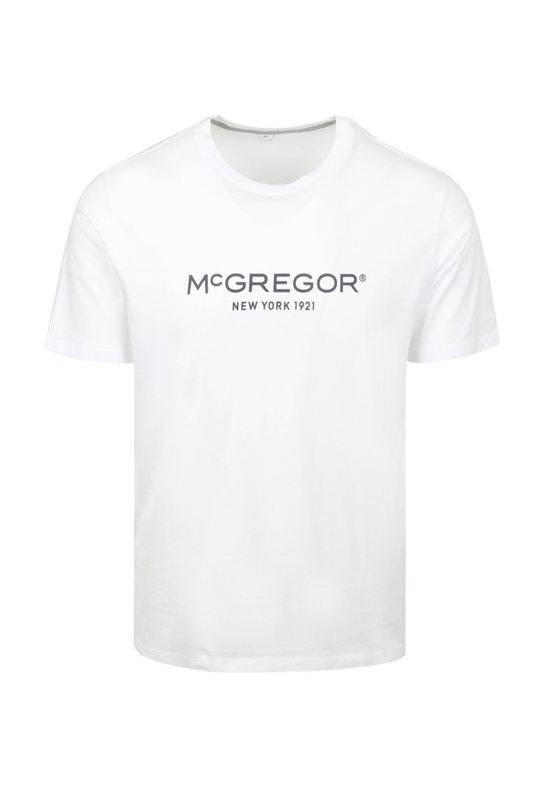 Witte katoenen t-shirt, ronde hals, met grijze opdruk: "McGREGOR NEW YORK 1921." Eenvoudig ontwerp met korte mouwen en een rechte zoom.