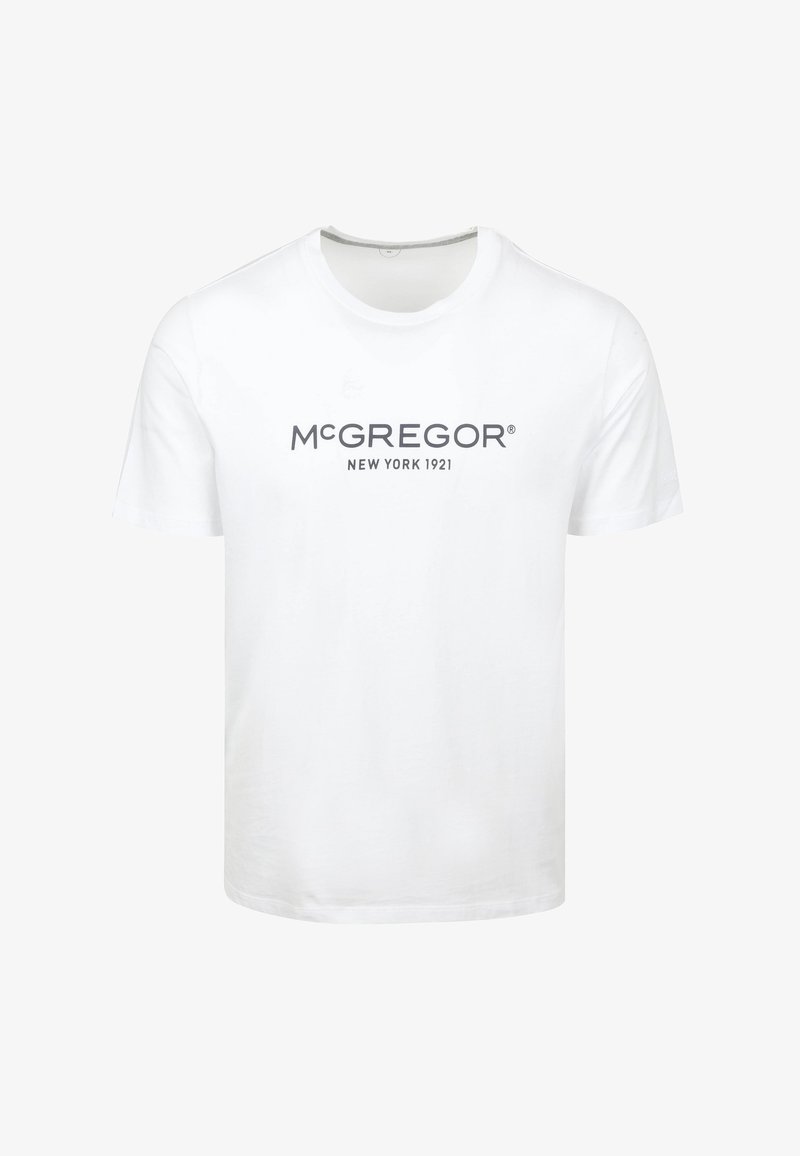 Weißes Baumwoll-T-Shirt mit Rundhalsausschnitt, versehen mit grauem Drucktext: "McGREGOR NEW YORK 1921." Einfaches Design mit kurzen Ärmeln und geradem Saum.