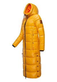 Long yellow puffer coat with an orange hood, zip closure, side pockets, and button accents along the hem. Features elastic cuffs.