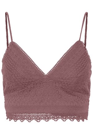 Mauve čipkasti bralet s podesivim trakama, valovitim rubovima i teksturiranim uzorcima, dizajniran u trapez obliku za udobnost.