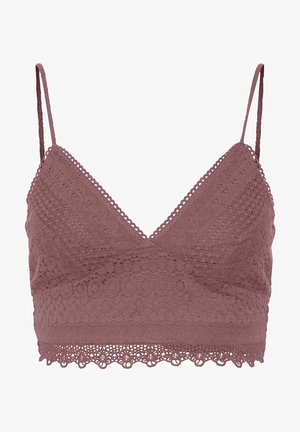 Bralette de encaje malva con tirantes ajustables, bordes festoneados y patrones texturizados, diseñado con una forma de trapecio para mayor comodidad.
