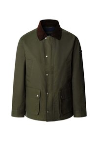 Chaqueta de algodón verde con cuello de pana marrón, botones de presión y dos bolsillos frontales con solapa. Presenta un corte recto y tejido texturizado.