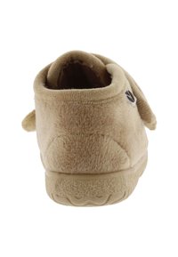 Ciabatta color tan con tessuto morbido e testurizzato. Presenta un retro rotondo, piccoli accenti a forma di orecchie sui lati e una suola in gomma con motivo a onde.