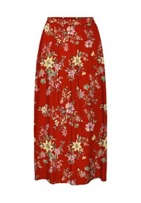 Rød maxi nederdel lavet af letvægtsstof, med et blomstermønster med pink og gule blomster. Elastisk talje for nem påtagning.