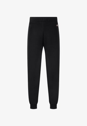Zwarte joggingbroek met elastische taille, omgeslagen enkels en een klein Champion-logo op de bovenste linkerdij.