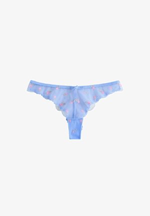 Hellblauer Spitzen-String mit pink besticktem Blumenmuster und kleiner Schleife am mittleren Bund.
