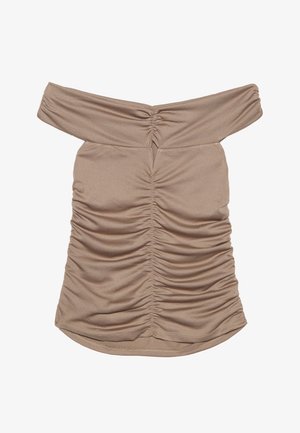 Beżowa bluzka z marszczeniami na ramionach, z gromadzonym teksturą i zakrzywionym dołem. Gładki, elastyczny materiał z delikatnym połyskiem.