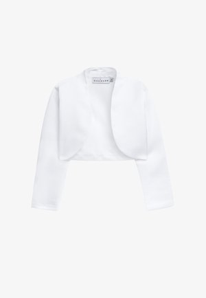 Weiße kurz geschnittene Jacke aus glattem Stoff mit langen Ärmeln, abgerundetem, kragenlosem Design und minimalen Nähdetails.