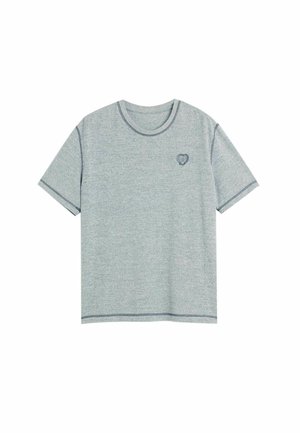 Gray short-sleeve T-shirt made of textured fabric, featuring a round neckline and a small heart emblem on the left chest.
