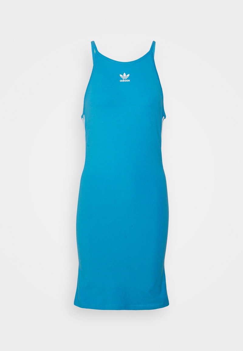 Un vestido ajustado de tela turquesa vibrante, con tirantes finos y cuello redondo, que presenta un pequeño logotipo blanco de Adidas en el pecho.