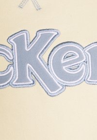 Krémová tkanina s velkým vyšívaným textem světle modré barvy. Text má jemně vystouplou strukturu s lehkým ohraničením.