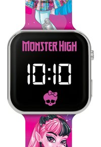 Orologio digitale con quadrante quadrato nero che mostra l'ora (10:10). Presenta un cinturino colorato con personaggi di Monster High e dettagli a forma di teschio.