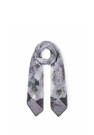 Sciarpa leggera grigia con grande stampa floreale in lavanda pallido e bianco, arrotolata sciolta con estremità appuntite, esposta su sfondo bianco.