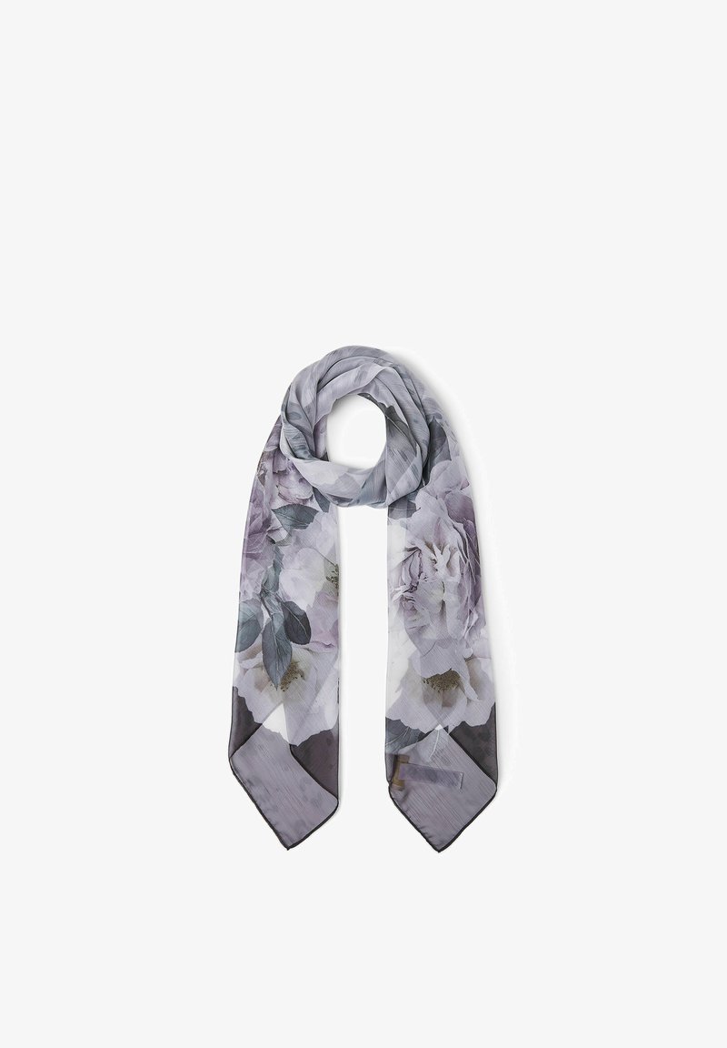 Écharpe grise légère avec un grand imprimé floral en lavande pâle et blanc, bouclée de manière lâche avec des extrémités pointues, présentée sur fond blanc.