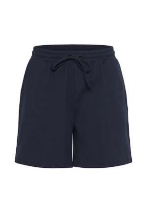 Navy blue cotton shorts with an elastic waistband, adjustable drawstring, and two front pleats for added detail.
