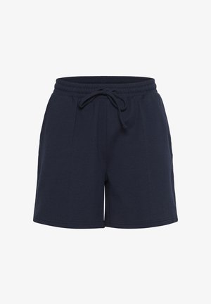 Tumedate sinised puuvillased lühikesed püksid elastse vöökoha ja reguleeritava tõmbluku ning kahe esiplekiga lisainete jaoks.