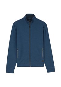 Blauwe, ritssluiting jack met hoge kraag, twee zijzakken met rits, geribde manchetten en een gladde textuur. Eenvoudig, modern ontwerp zonder patronen.