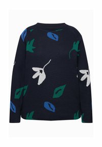 Maglione blu navy con motivo floreale bianco, blu e verde. Presenta un collo a costine e maniche lunghe con design a raglan.