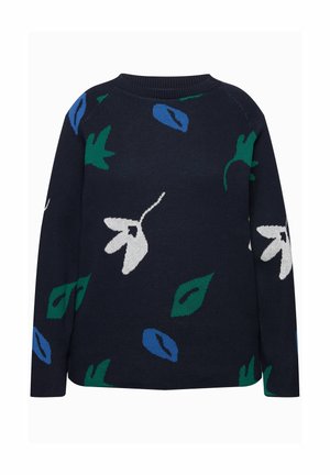 Merinovillaneule, jossa on valkoinen, sininen ja vihreä kukkakuosi. Ominaisuuksiin kuuluu ribbineck, pitkät hihat ja raglan-olkain muotoilu.