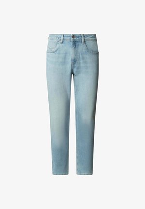 Jasnoniebieskie jeansy o dopasowanym kroju z przodem zapinanym na guziki, szlufkami na pasek i pięcioma kieszeniami.