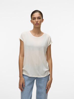 Lys beige t-skjorte med korte ermer og rund hals, myk tekstur og en avslappet passform, kombinert med lyseblå vide jeans.
