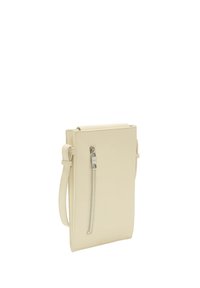 Kremowa skórzana torebka na ramię o prostokątnym kształcie, z boczną kieszenią na zamek i krótkim paskiem do łatwego noszenia.