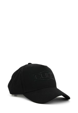 Cappellino da baseball nero in tessuto con visiera curvata. Presenta un logo in rilievo sul fronte, design elegante senza ulteriori pattern.