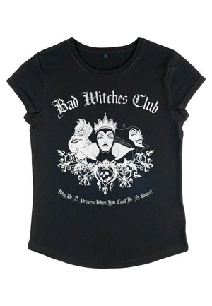 T-shirt in cotone nero con tre personaggi cattivi illustrati, la scritta "Bad Witches Club", un teschio e accenti floreali in bianco.