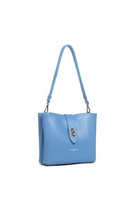 Small blue leather handbag with a structured shape, featuring a flap closure and silver hardware accents. Adjustable shoulder strap included.