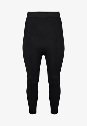 Black leggings with a fitted design, made of soft, stretchy fabric. Features a wide waistband and ribbed texture on the sides.
