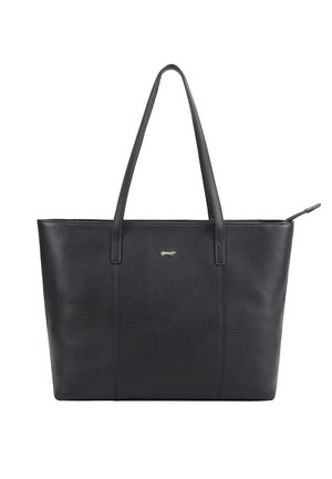 Zwarte, getextureerde leren tas met twee lange schouderriemen en een klein metalen logodetail aan de voorkant.