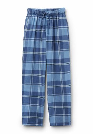 Pantalones de pijama de cuadros azules confeccionados en un tejido suave. Presentan una cinturilla elástica con cordón, piernas rectas y tonos contrastantes de azul.